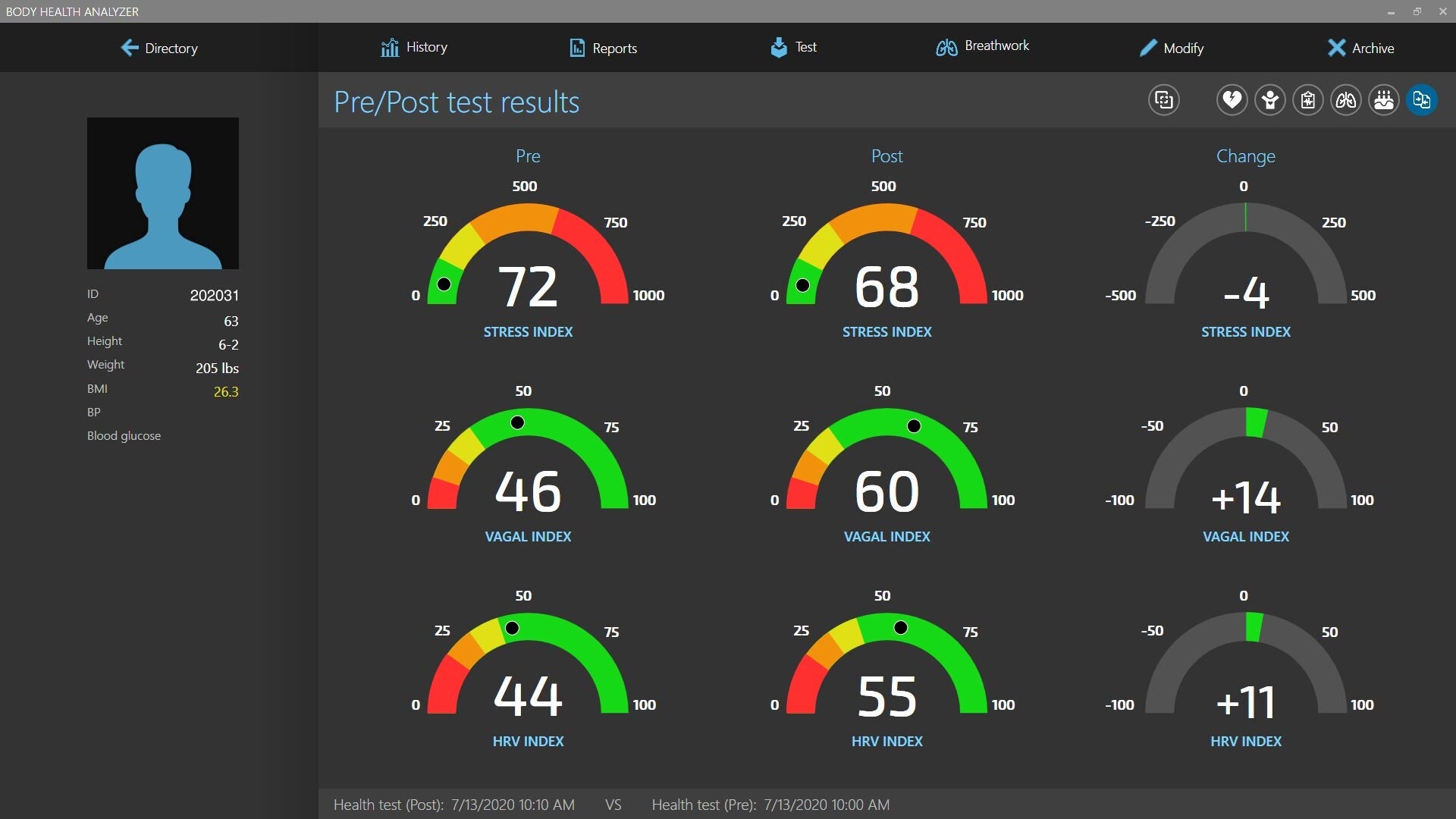 Body Health Analyzer pre/post deep breathing test