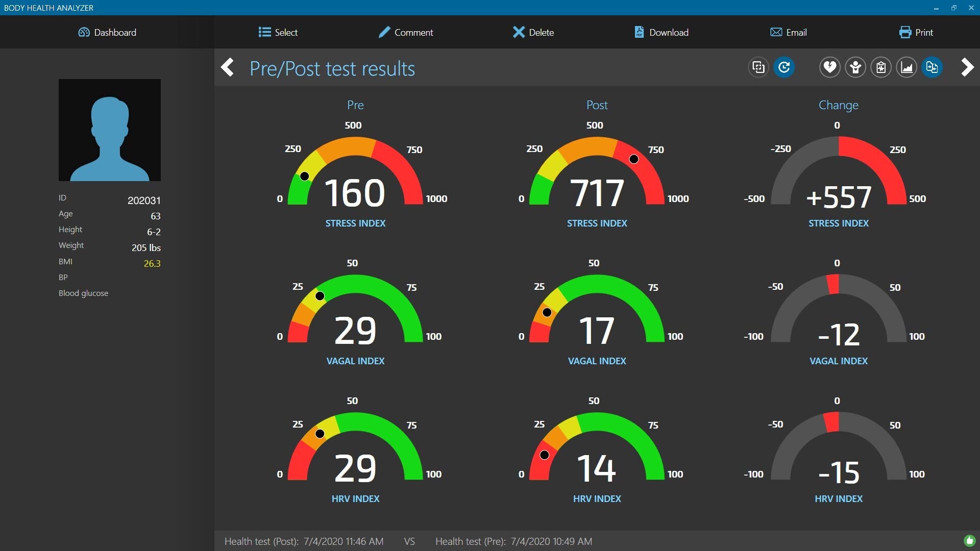 Body Health Analyzer pre/post physical exertion test